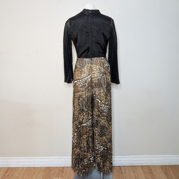 Vintage 60s Jeune Elle Black and Metallic Gold Pleated Wide Leg Jumpsuit Size M - Picture 7 of 9
